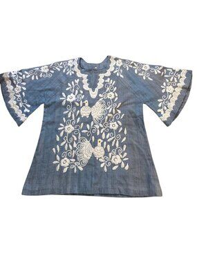 Francis Valentine LIKE Womens 70s Embroidered Bell Sleeve Blouse Birds Vintage